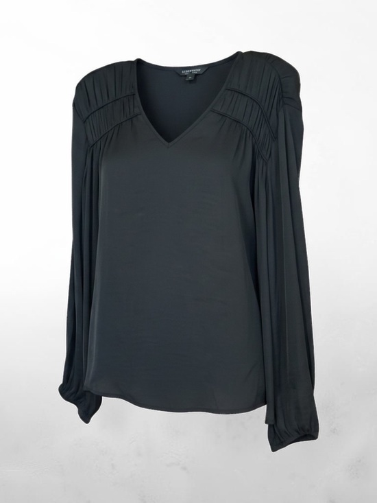 Liverpool Tops - Liverpool Black V-Neck Pleated Long-Sleeve Blouse